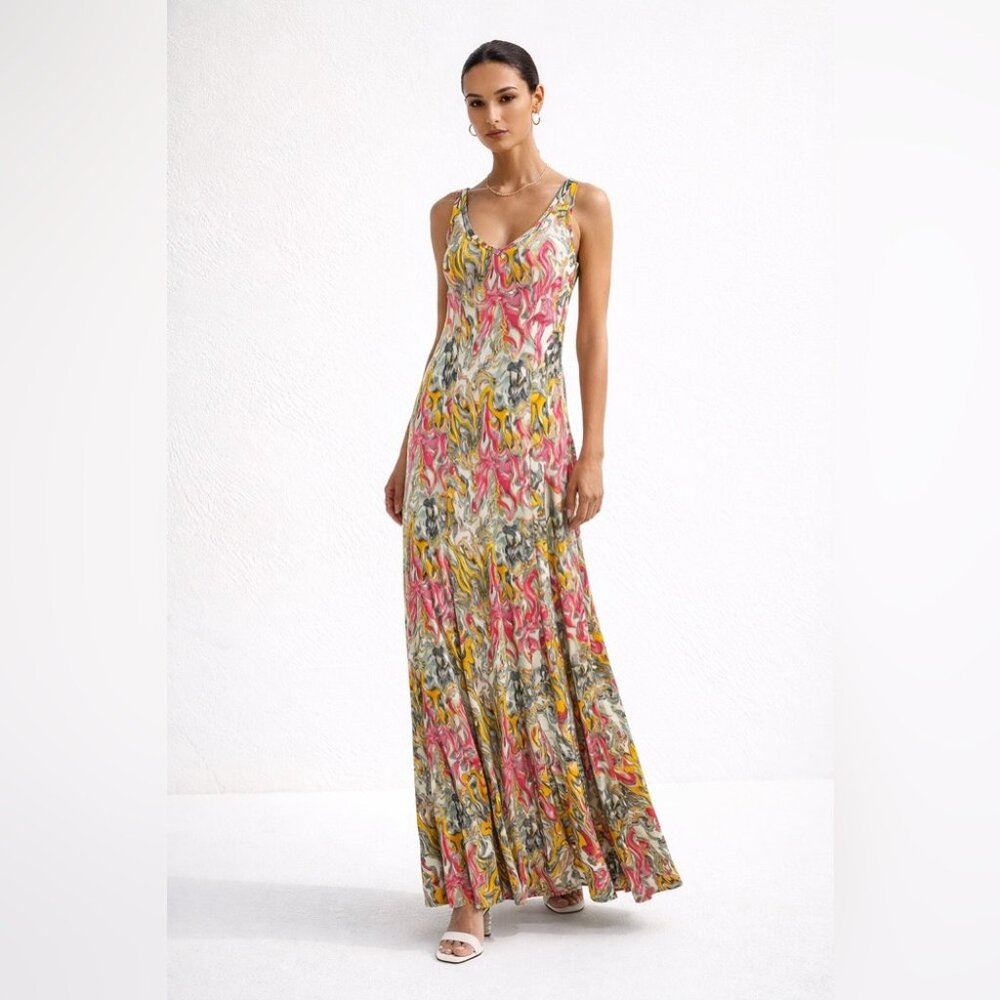 Abstract Maxi Dress Size S/M Multicolor Sleeveless Flowy Greek Summer Boho